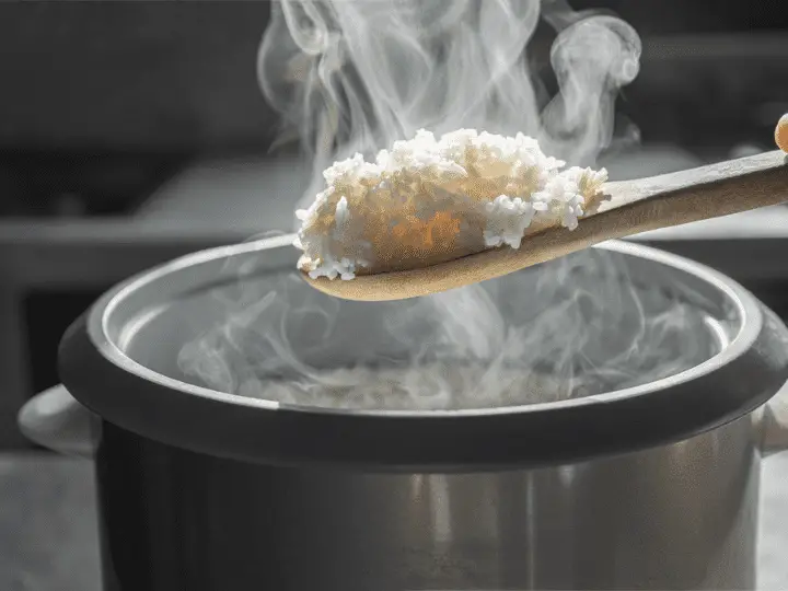 rice on spoon over pressure cooker