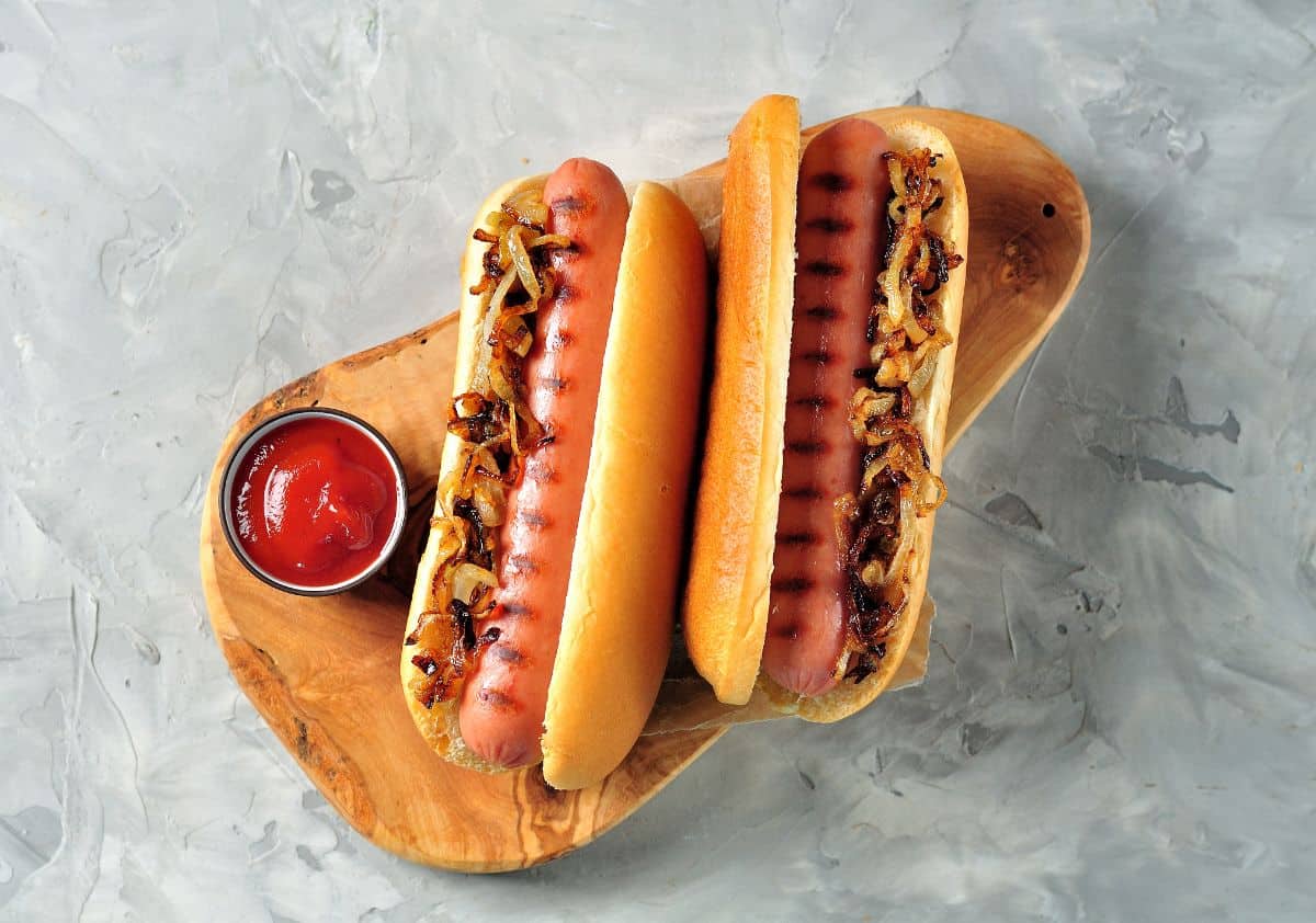 hotdogs with grilled onion